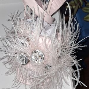 AKIRA Pink Feather Embellished Heels with Crystal Accents